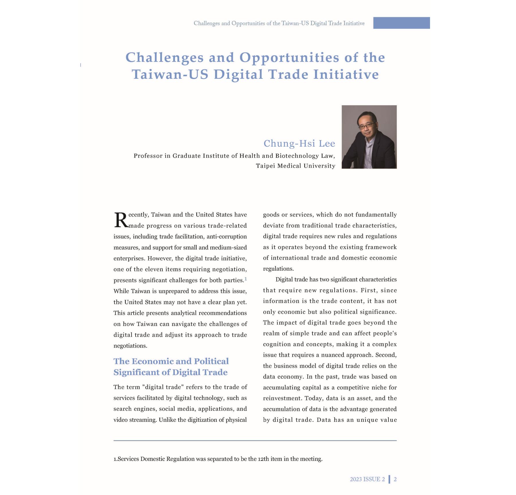 Challenges and Opportunities of the Taiwan-U.S. Digital Trade Initiative